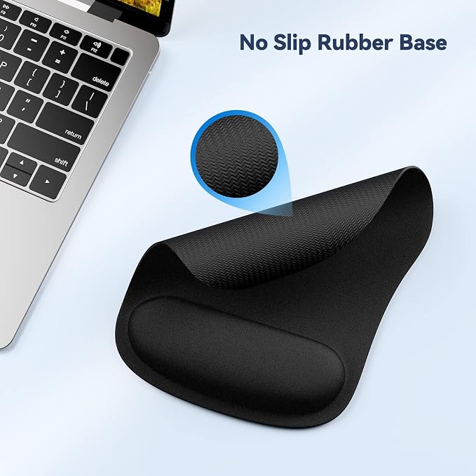 TECKNET Ergonomic Mouse Pad with Wrist Support Black | Soft Memory Foam, Fast Rebound, Pain Relief，Waterproof Surface, Non-slip Base