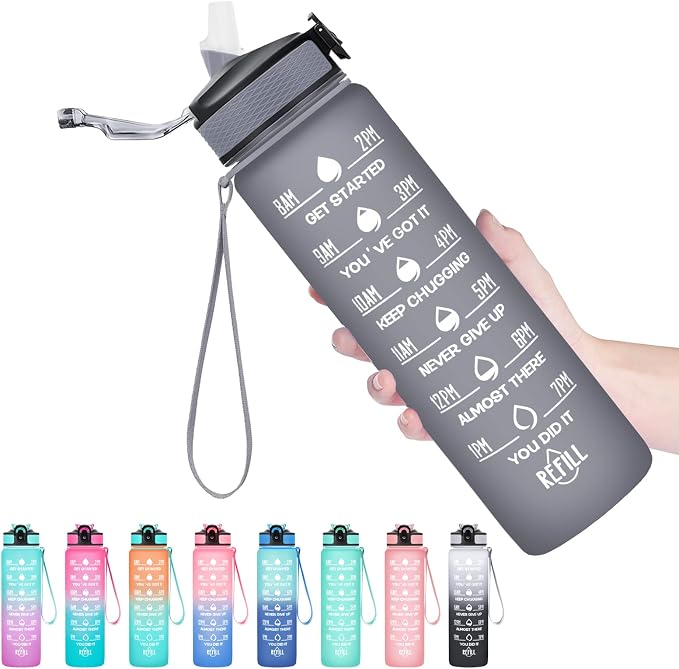 Hyeta Water Bottle with Straw & Time Marker, Plastic 32oz Leakproof | Motivational Tritan BPA Free Gym Office Outdoor Intake Tracker Hourly Reminder Straw Lid Carry Strap