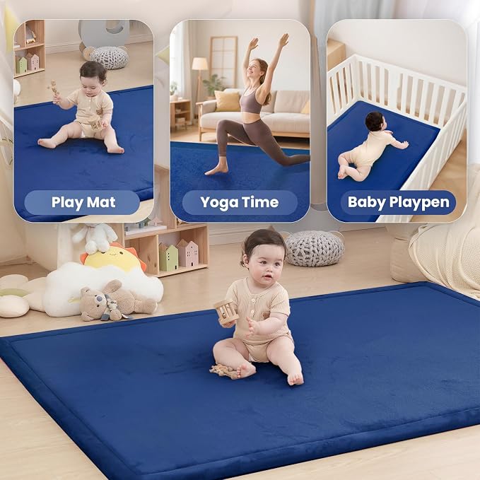 Baby Play Mat for Floor,1.3" Thick Memory Foam Tummy Time Mat,Water Repellent Soft Velvet Nursery Rug,Extra Large Non Slip for Crawling,Toddlers,Infants,Kids,Tatami Style for Living Room(Dark Blue)