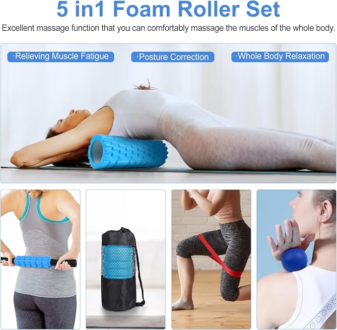 Aucuu 5 in 1 Foam Roller Set Includes Hollow Core Massage Roller, Yoga Stick, Massage Ball, Fitness Stretching Strap, Massage Roller, Carrying Bag, Towel (Blue)