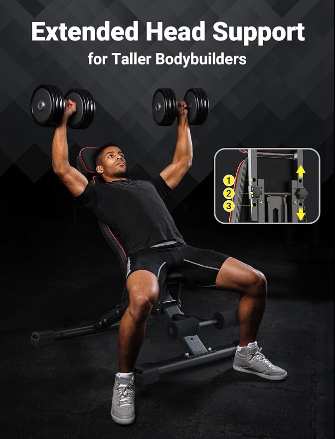 YOLEO Adjustable Weight Bench with Bench Press Stand, Foldable Workout Bench with Extended Head/Elbow Pad(for Users up to 7')