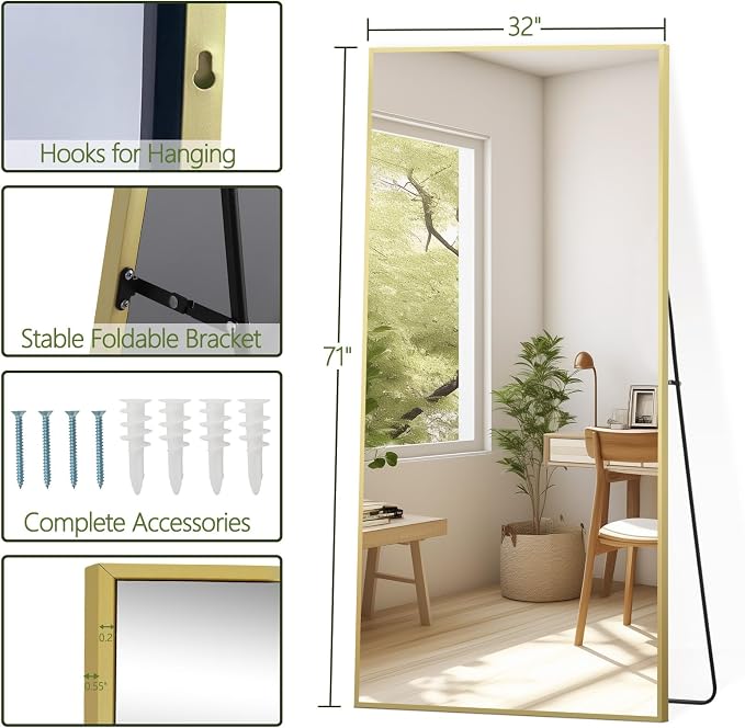 MELOMOIR 71"x32" Gold Mirror - Full Length, Large Floor Mirror for Home Gym, Bedroom, Living Room - Shatterproof Tempered Glass, Wall Mirror