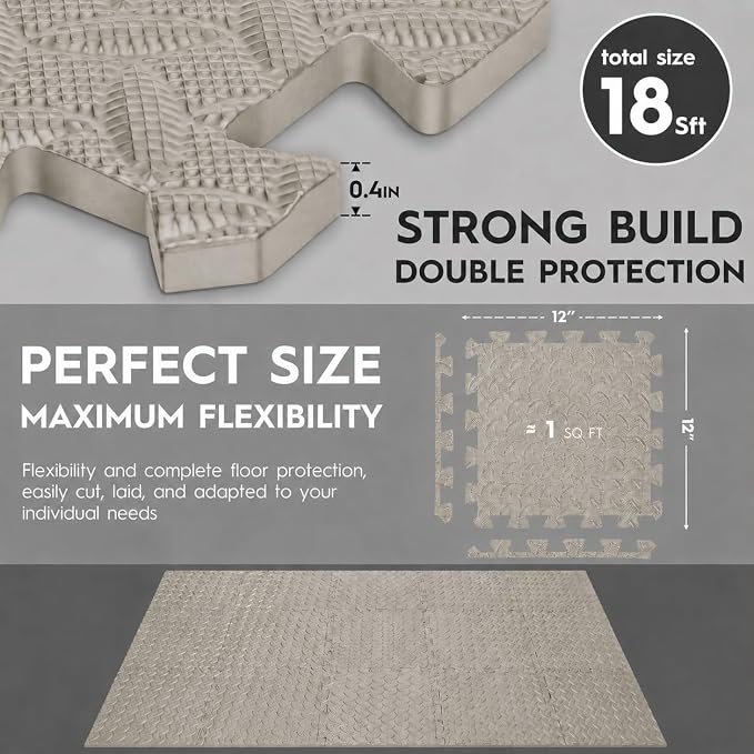 18pcs Puzzle Exercise Mat, 12.6"x12.6"x0.4", 18sqft EVA Interlocking Foam Floor Tiles, Protective, Water-Resistant Flooring for Home Gym & Workout Equipment