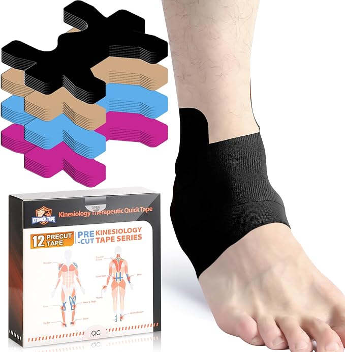 KTQUICK Precut Kinesiology Tape for Ankle,12PCS,20% Stronger Adhesive,Black | Ankle Support Tape with Premium Cotton, Breathable, Waterproof, Latex-Free Athletic Tape for Running, Training & Hiking
