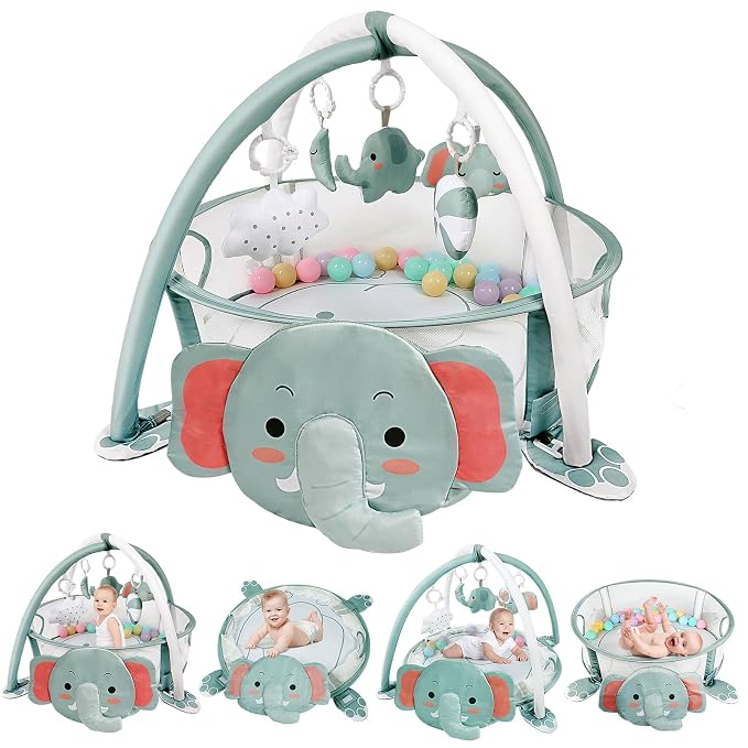 dearlomum Elephant 4-in-1 Baby Play Mat Gym, with Ball Pit | Includes 30 Balls & 5 Learning Sensory Toys, Floor Gym Playmat for Newborn Infant Tummy Time, Ball Pit, Boy & Girl Gift