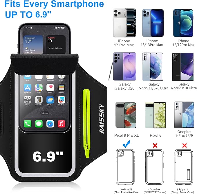 Running Armband with Earphone Bag Cell Phone Armband for iPhone 16 15 Pro 14 Plus 13 11 XR XS, Galaxy S24/S10 Water Resistant Sports Phone Holder Case & Zipper Slot Car Key Holder for 6.9 inch Phone | Cell Phone Armband for iPhone, Water Resistant & Br...