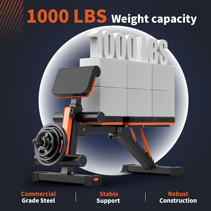 Adjustable Weight Bench - 1000LBS Capacity Heavy Duty Foldable Workout Bench for Full Body Exercise, Flat/Incline/Decline, Bench Press for Home Gym with Preacher Pad & Leg Extension