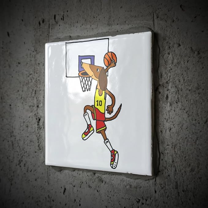 3dRose Funny Dachshund Dog Playing Basketball slam Dunking Ball 8 Inch Ceramic Tile