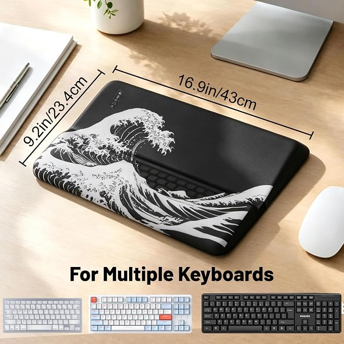 Keyboard Stand with Wrist Rest，Ergonomic Keyboard Riser Holder Lifter Tray | Kanagawa Waves，Computer Wrist Support Pad，Ergonomic Keyboard stand for desk，Soft Memory Foam Desk Cushion，Non-Slip