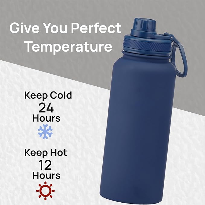 32 oz Insulated Metal Mens Water Bottle | Navy,Stainless Steel, 1 Liter, Leakproof, 2 Lids, Large Sports Water Bottle for Gym,Hiking