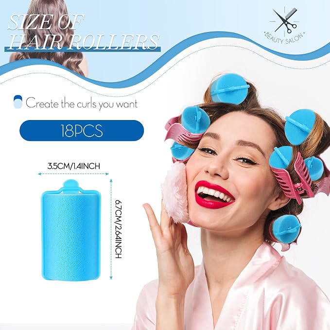 Geyoga 18 Pieces Blue Foam Hair Rollers Large Hair Curlers Sponge Rollers for Heatles to Sleep in a Curl for Women's Short and Long Hairs Styling (1.4 x 2.6 Inches)