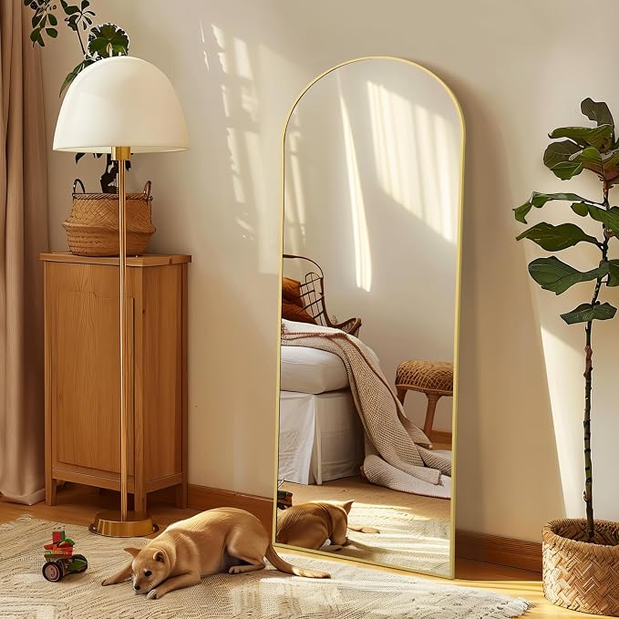 MirrMuse 56"x18" Arched Full Length Mirror, Gold Floor Mirror with Stand | Hanging or Leaning Against Wall, Tempered Glass, Full Body, for Bedroom Living Room, Aluminum Alloy Frame
