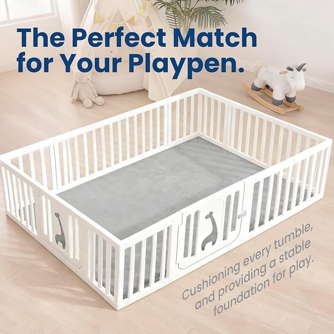 Huloo Sleep Baby Play Mat for Floor,1.3" Thick Elasti-Foam 50"×74" Playpen Mat for Tummy Time,Water Repellent Soft Coral Velvet for Toddler,Infant,Kids,Non-Slip Backing Safe for Crawling(Light Grey)
