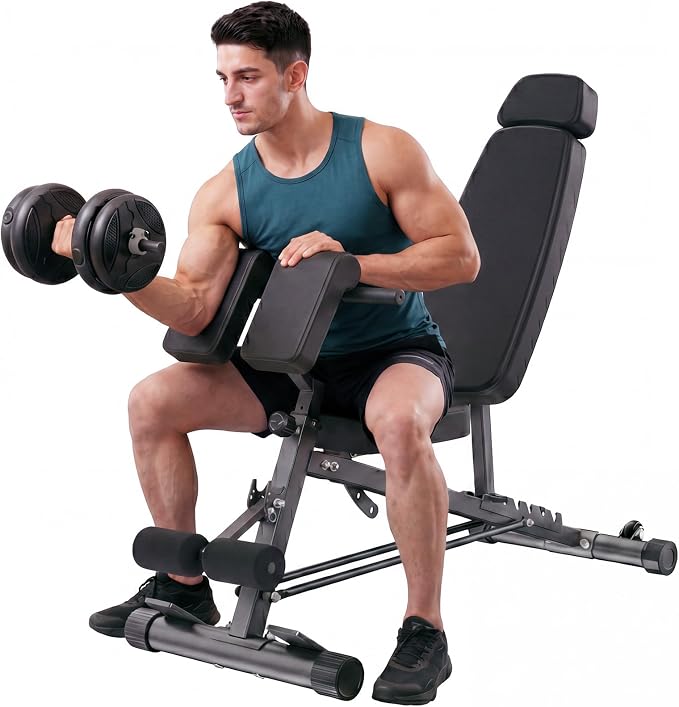 DUMOS Adjustable Weight Bench, 660 LBS Workout Bench Press with 2 Wheels | Heavy Duty Chest Press Machine for Home Gym with Hyper Back Extension, for Incline Decline Sit Up Flat