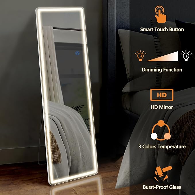 Sweetcrispy LED Full Length Floor Mirror, 65"x21" Lighted Full Body Mirror | Standing Mirror with Dimming & 3 Color Lighting, Shatterproof Tempered Glass, Wall Hanging or Leaning for Home Decor, White