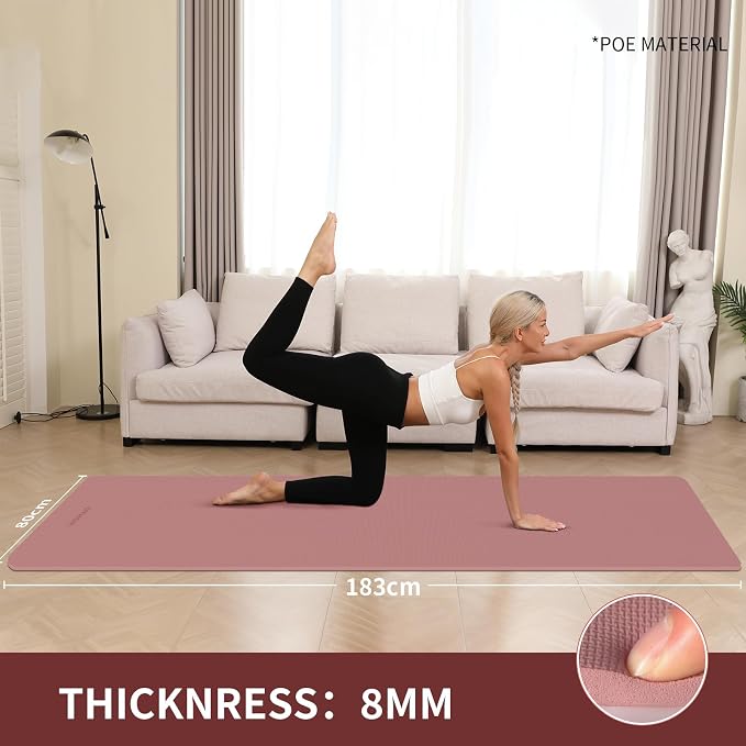 Extra Wide & Thick 8mm Yoga Mat, 72"x31.5" | Large Non Slip Exercise Mat, Premium POE Material, Superior Cushioning & Stability, With Strap for Home Gym, Pilates