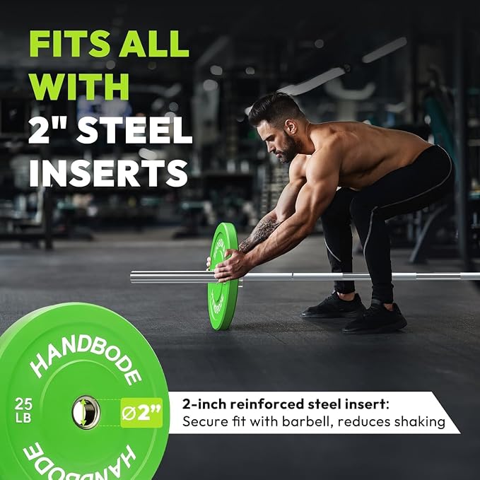 HANDBODE 2-Inch Weight Plates High Bounce, Olympic Bumper Plate Set 45/100/160/190/260/300lb, Colored Weight Plates Set for Home Gym, Barbell Weights Rubber Strength Training Plate for Weight Lifting