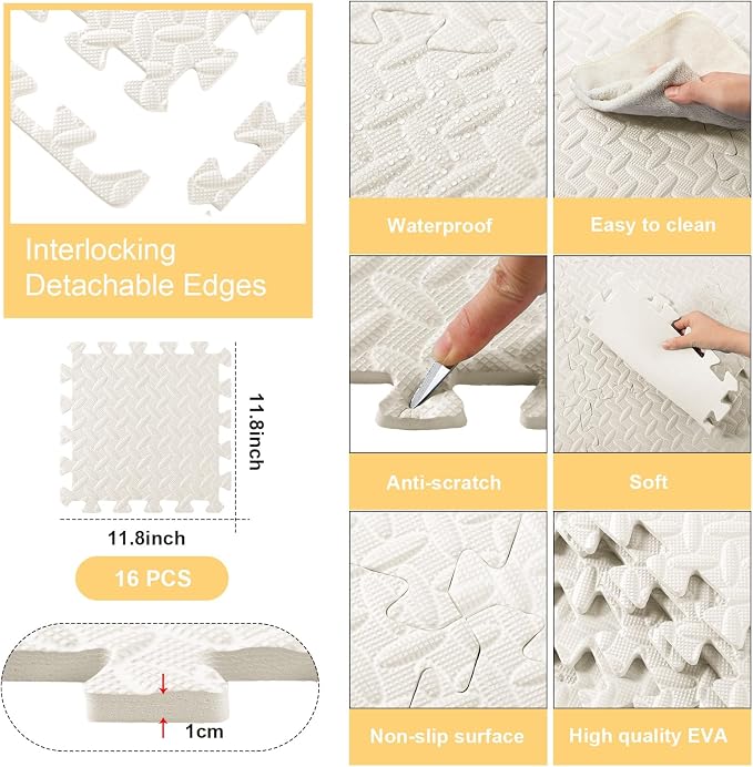 Foam Floor Tiles Foam Floor Mats Play Mats Bulk with Borders Interlocking for Bedroom Gym Nursery(11.8 x 11.8 Inch,Ivory White)
