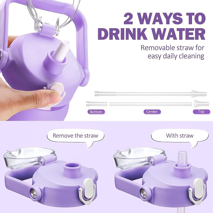 42oz Glass Water Bottles with Straw, Motivational Glass Bottle with Silicone Sleeve and Time Marker, Leakproof Large Glass Water Jug for Gym Home Office,Purple