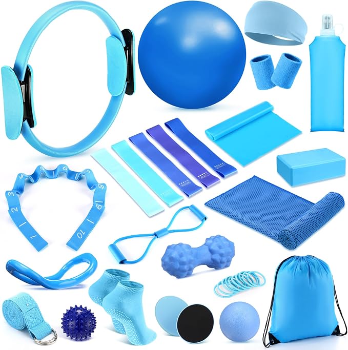 Halloscume 24 Pcs Pilates Kit, Home Pilate Equipment for Women, Pilates Ring and Ball Set with Stretching Strap, Water Bottle, Magic Circle, Yoga Ring, Gym Bag, Resistance Band, Anti Slip Sock