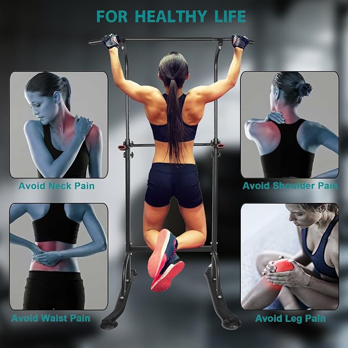 Adjustable Power Tower Pull Up Bar Dip Station, Free Standing Pull Up Rack Dip Station for Home Gym, 400LBS Capacity Height Heavy Duty Multi-Function Home Strength Training Fitness Workout Equipment