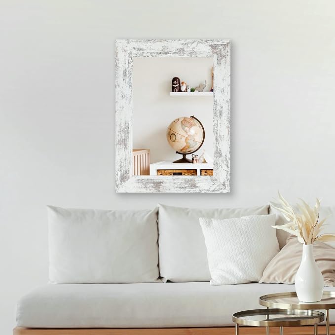 Syndra Wood Mirror with Frame, Rustic 24X32 Inch Wall Mounted Vanity Mirror with Large Wood Frame, Farmhouse Bathroom Mirror for Bedroom, Living Room, Entryway Wall Decor(White)