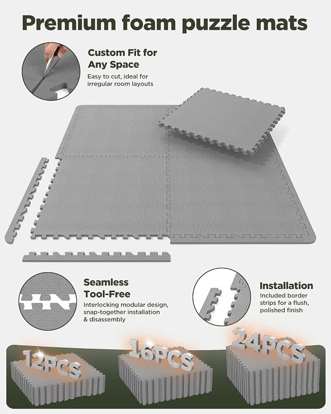 1/2" Thick 16 Pcs 64 Sq Ft EVA Foam Puzzle Exercise Mats, High-Density Interlocking Foam Floor Tiles for Home Gym, Gym Mat for Workout Equipment & Direct Exercise, Floor Padding for Kids