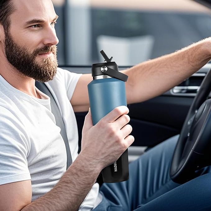 HYDROWION 32 oz Insulated Water Bottle, Car Water Bottle Holder - Double Wall Vacuum Insulated Travel Bottle with Straw Lid, Spout Lid and Flex Cap - Cold for 24H, Hot for 12H, Black