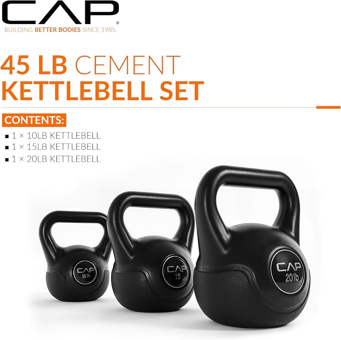 CAP Barbell 45 LB Cement Kettlebell Set – 10 lb, 15 lb & 20 lb Vinyl-Coated Kettlebells for Strength Training, Cardio, Cross Training & Home Gym Workouts