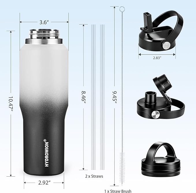 HYDROWION Insulated Water Bottle, 32oz Water Bottle with Straw Lid, Double Walled Leak Proof 32oz Vacuum Bottle (Cold for 48 Hrs,Hot for 24 Hrs) Fit in Any Car Cupholder, White&Black