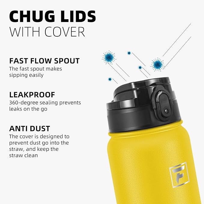 Fanhaw 32 oz Insulated Stainless Steel Water Bottle with Anti-Dust Chug Lid, Leakproof Vacuum Sports Bottle for Kids, Teens & Adults, Back to School Essentials (Yellow)