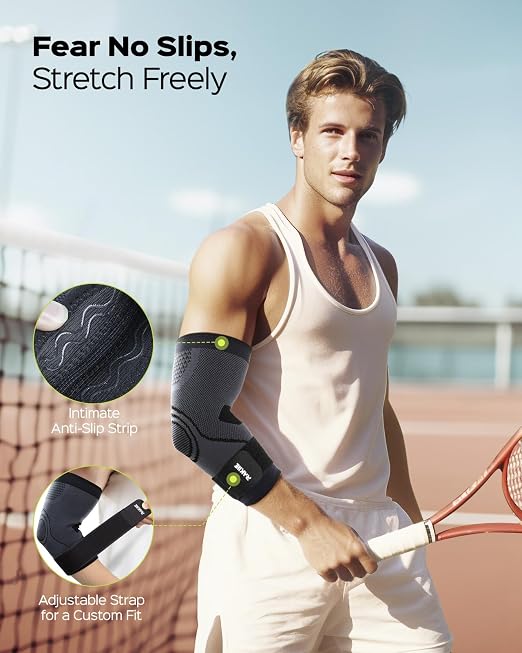 Rakiie Elbow Compression Sleeve 2 Pack, Elbow Brace for Tendonitis and Tennis Elbow, Pain Relief Brace for Men & Women,Sleeve Reduce Joint Pain for Tennis, Golfer, Workouts, Black (XL)