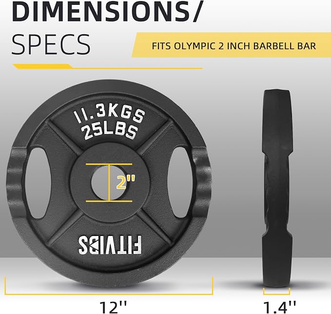 Fitvids Cast Iron 2-Inch Olympic Plate Weight Plate for Strength Training and Weightlifting, Multiple Sizes