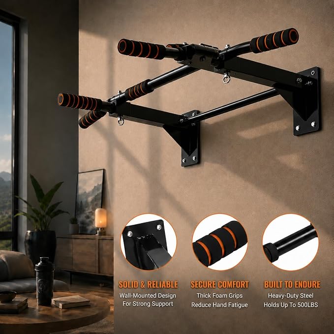 Wall Mounted Pull Up Bar, 500 LBS Heavy Duty Chin Up Bar for Home Gym | 500 LB Steel Frame Zero Wobble Triangle Multi-Grip Foam Handles Suspension Anchor Ready Garage Basement Install