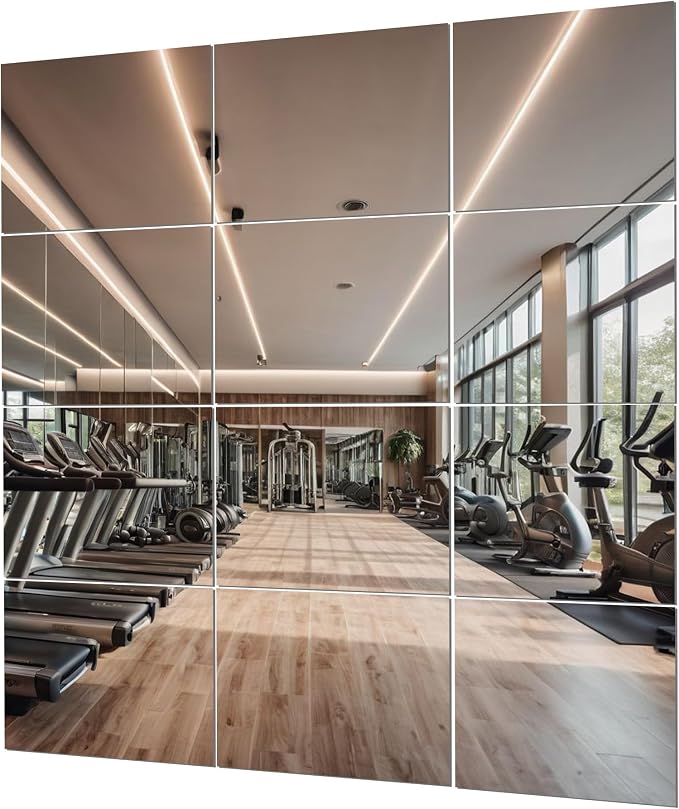 Full-Length Exercise Mirror Tiles -12x12 Pack of 12, Self-Adhesive Frameless Workout & Fitness Mirror for Home Gym & Wall – Fab Glass and Mirror