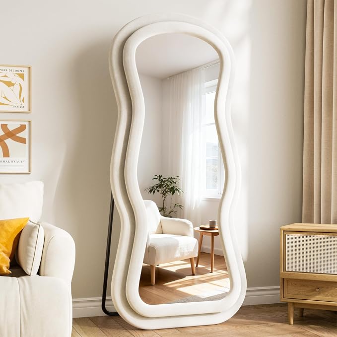 Mirror Full Length Flannel, 63"x24" Full Body Mirror with Stand | Flannel Floor Mirrors, Standing Mirror for Bedroom, Living Room, Dressing Room, Hanging Leaning Wall Mirror, Beige