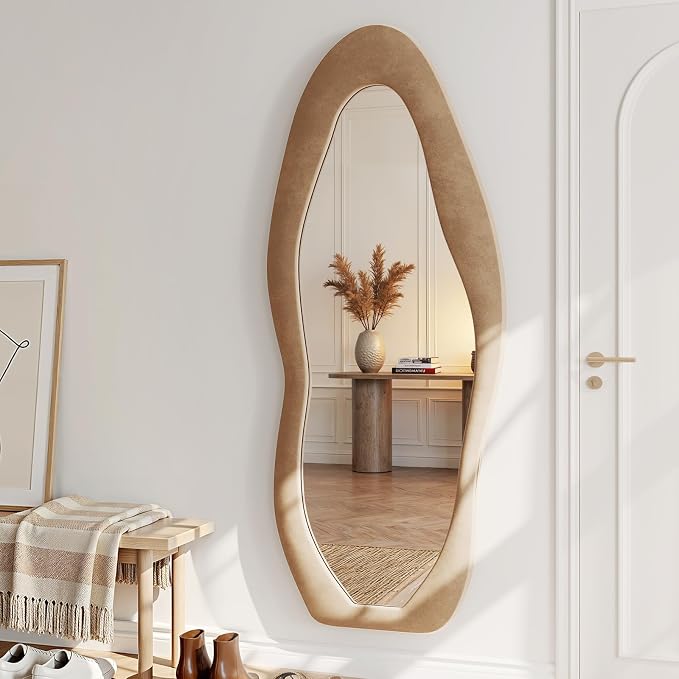 Full Length Mirror, 71"x30" Wavy Full Body Mirror Flannel | Flannel Floor Mirrors with Stand, Irregular Wavy Mirror Hanging or Leaning Against Wall for Bedroom Living Room, Brown