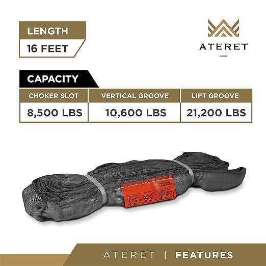 ATERET Powerlift Grey Polyester Endless Round Sling - 16 Feet Length, 10,600 lb. Vertical Capacity, 21,200 lbs Basket - Heavy Duty Poly Lifting Sling