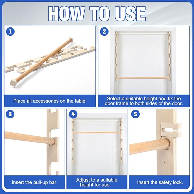 Leinuosen Doorway Pull-up Bar Sets Adjustable 5 Levels Wooden Doorway Pull-up Bar and 2 Door Frame with 6 Sets of Screw-in Heavy-duty Door-mounts to Fits 118cm