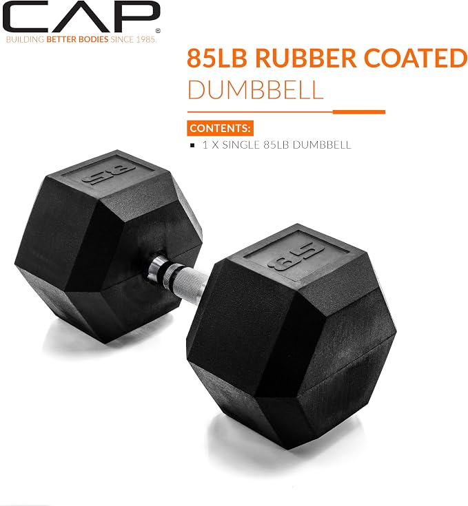 CAP Rubber Coated Dumbbell Weights, Free Weights for Home Gym Strength Training, Anti-Roll Hex Dumbbells with Black, Chrome & Comfort Grip Handles, Singles