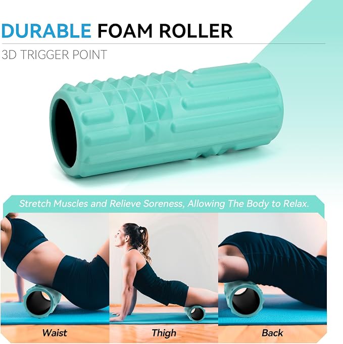 5 in 1 Foam Roller Set, High Density Patented Exercise Roller | Deep Tissue Massage Roller Stick, Massage Ball, Resistance Band for Pilates, Yoga, Whole Body Fitness Exercise,Tiffany Green