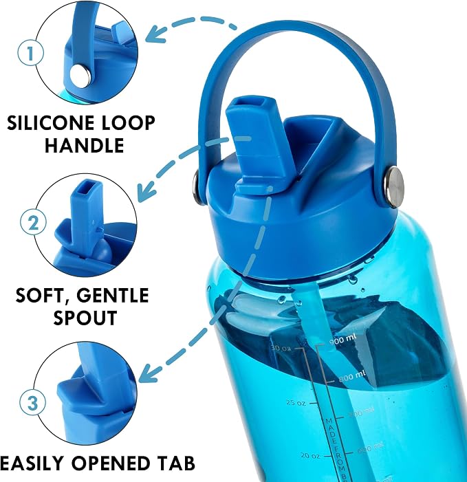 OLDLEY 32oz Water Bottle with Straw,Leakproof Tritan Clear Bottle with Marked Bottle and Carry Handle, BPA-Free Wide Mouth Reusable Sports Water Bottle for Gym,Hiking, Camping, Travel, Workout,Blue
