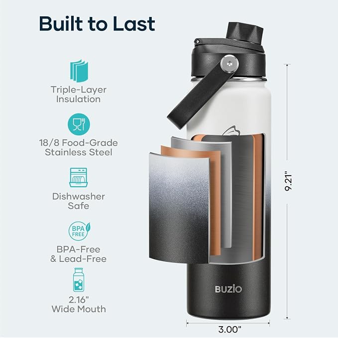 BUZIO 24 oz Insulated Stainless Steel Water Bottle with Straw & Spout Lids | Triple Wall Insulated Tumbler (Dishwasher Safe) ,Cold for 48 Hrs, Wide Mouth, Leakproof, BPA-Free, for Sports, Gym, School