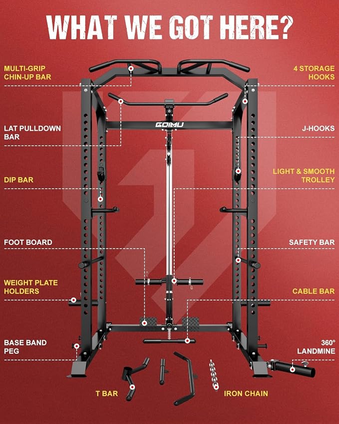 C1-V4 Power Cage, 2000LBS Squat Rack with LAT Pulldown, Multi-Function Weight Cage Strength Training Machine, Workout Cage with More Attachments for Home Gym Garage