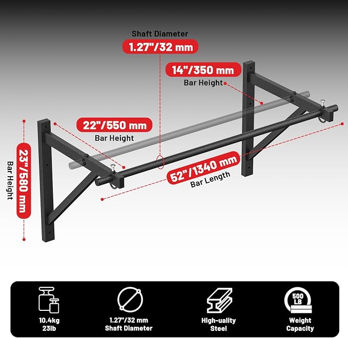 Wall Mounted Pull Up Bar, Chin Up Bar for Home Gym Strength Training | PAPABABE Sturdy Anti-Slip, Knurled Grip, Quick Install, Multi-Grip Versatile, Wall-Mounted Space-Saver 500 Weight Capacity