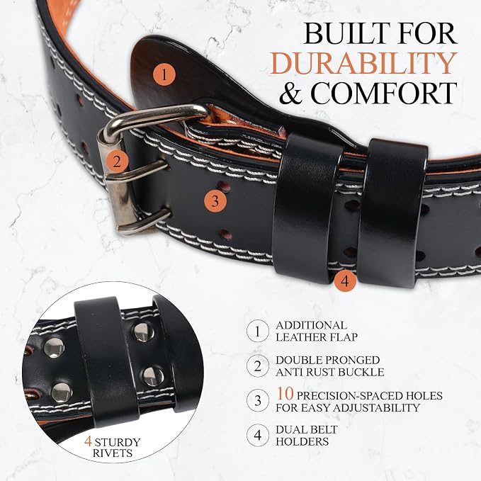 Leather Gym Fitness Belt, 4" & 6" Padded Lumbar Back Support, 10 Adjustable Holes for Weightlifting Powerlifting Bodybuilding Deadlift Squat Workout Strength Training