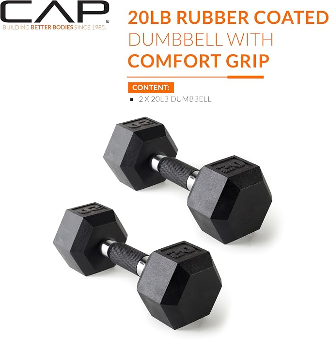 CAP Rubber Coated Dumbbell Weights, Free Weights for Home Gym Strength Training, Anti-Roll Hex Dumbbells with Black, Chrome & Comfort Grip Handles, Pairs & Sets
