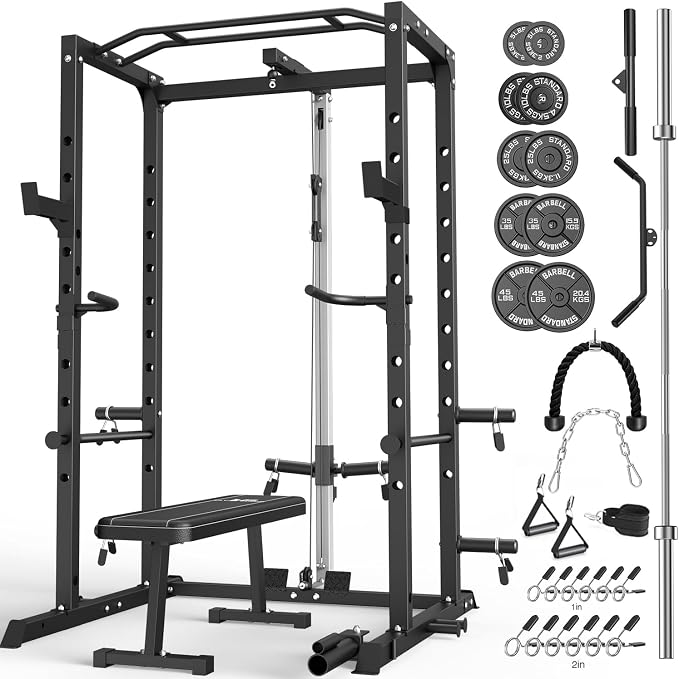 ULTRA FUEGO Power Cage, Multi-Functional Power Rack with J-Hooks, Dip Handles, Landmine Attachment and Optional Cable Pulley System for Home Gym