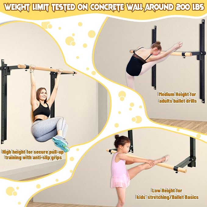 Seliyoo Ballet Barre Wall Mount,Height Adjustable Dance Bar | 4 FT /5FT Portable Solid Beech Wood Bar,Ballet Stretching and Barre Workout, Kids and Adults, Easy Install
