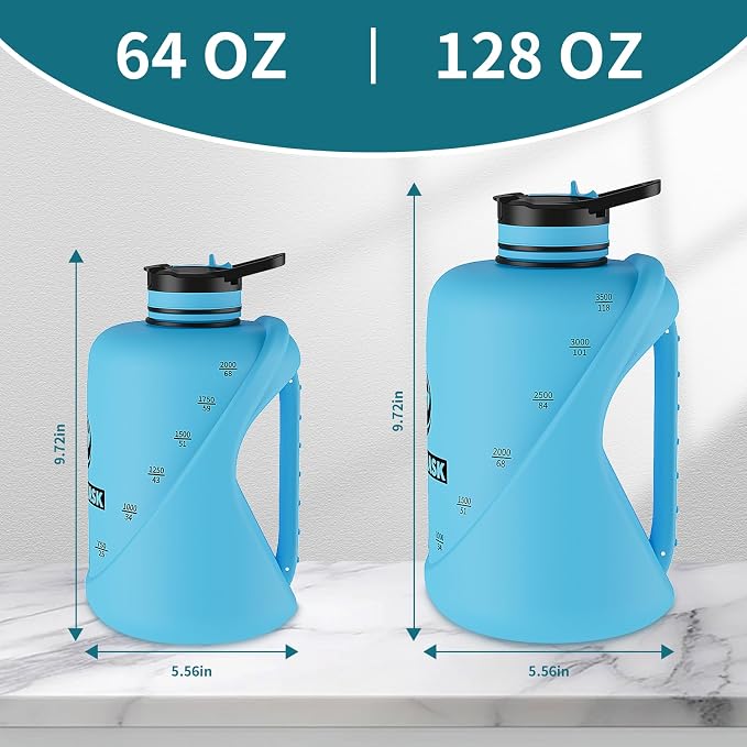 Large Gym Water Bottle 1 Gallon with Measurement Marks, Drop Resistant Fitness Jug with Straw & Direct Drink Lid, Sweat-Proof Reusable Sports Flask with 3 Ways Carry Strap for Workout